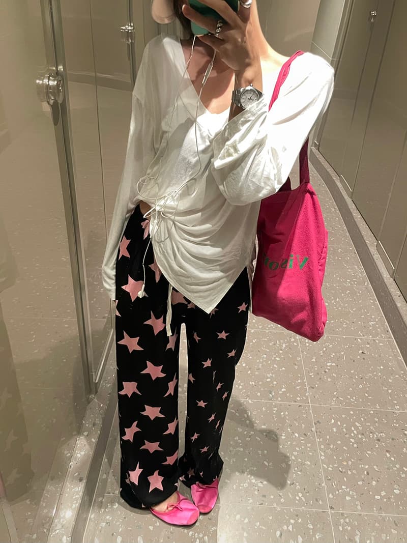 Kitsch Star Pattern Ribbed Wide Elastic Pants - 이미지 5