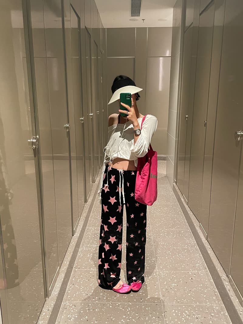 Kitsch Star Pattern Ribbed Wide Elastic Pants - 이미지 4