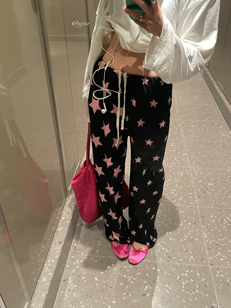 Kitsch Star Pattern Ribbed Wide Elastic Pants - 이미지 1