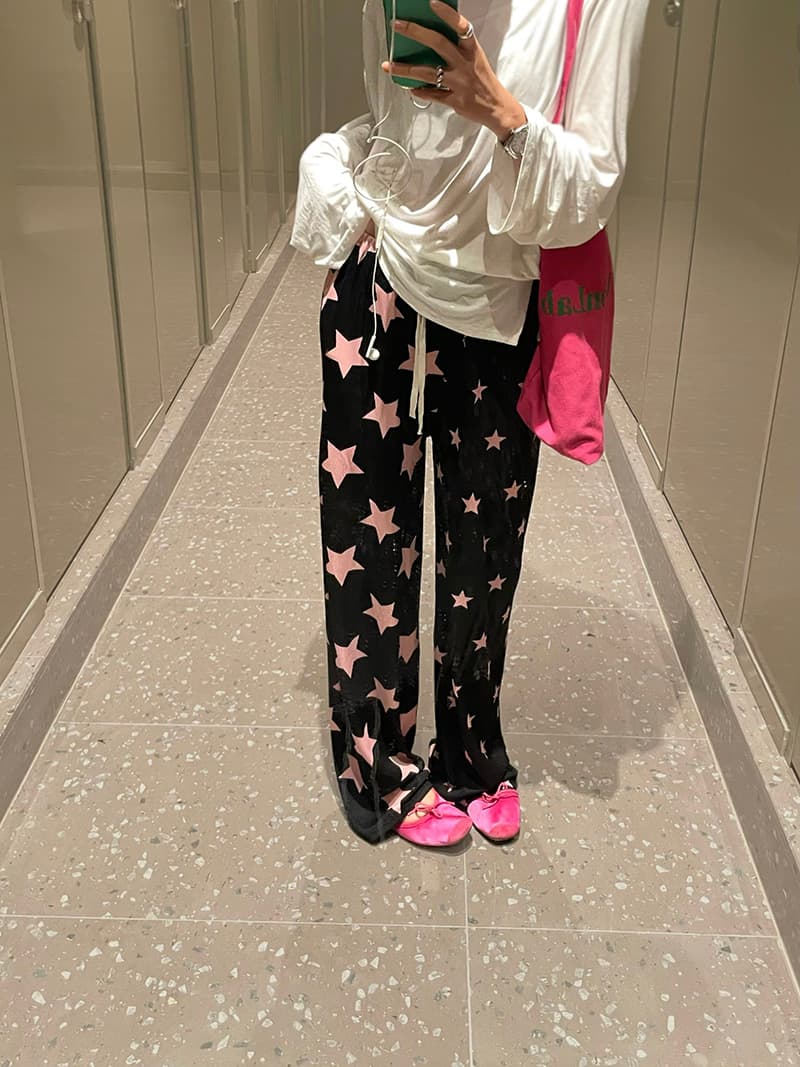 Kitsch Star Pattern Ribbed Wide Elastic Pants - 이미지 6
