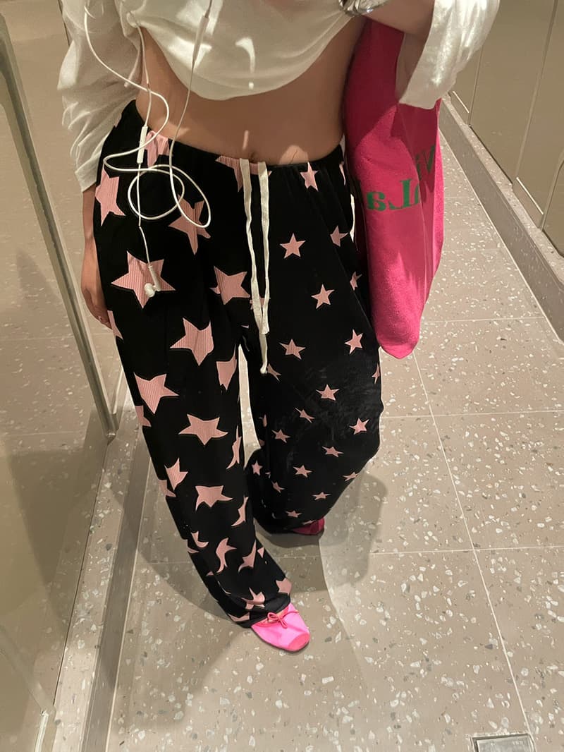 Kitsch Star Pattern Ribbed Wide Elastic Pants - 이미지 2