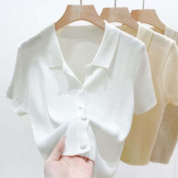 (Stretchable) Loading Ribbed Knit Cardigan Button Knit Short Sleeve Sweater - 이미지 8