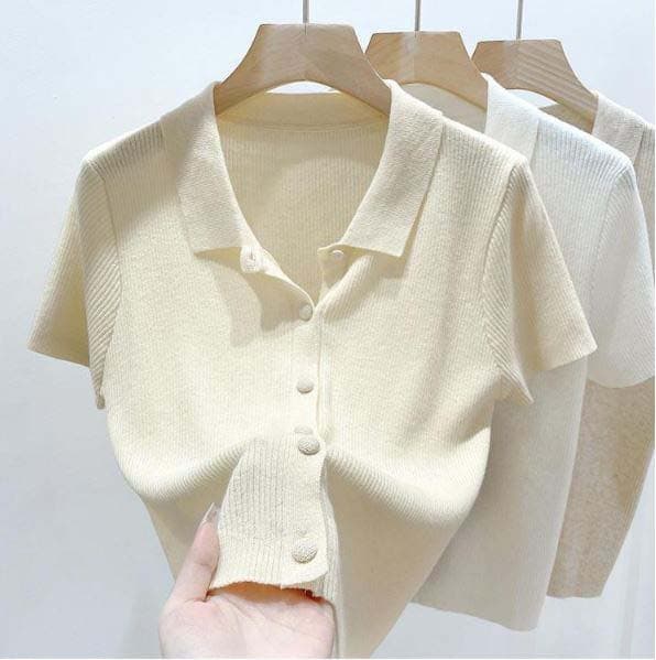 (Stretchable) Loading Ribbed Knit Cardigan Button Knit Short Sleeve Sweater - 이미지 6