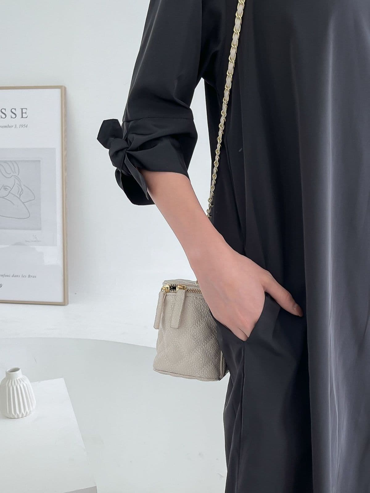 (Sale) Ribbon Dress, Crispy Fabric, Twisted Sleeves, Mature Women's Dress, H-Line - 이미지 9