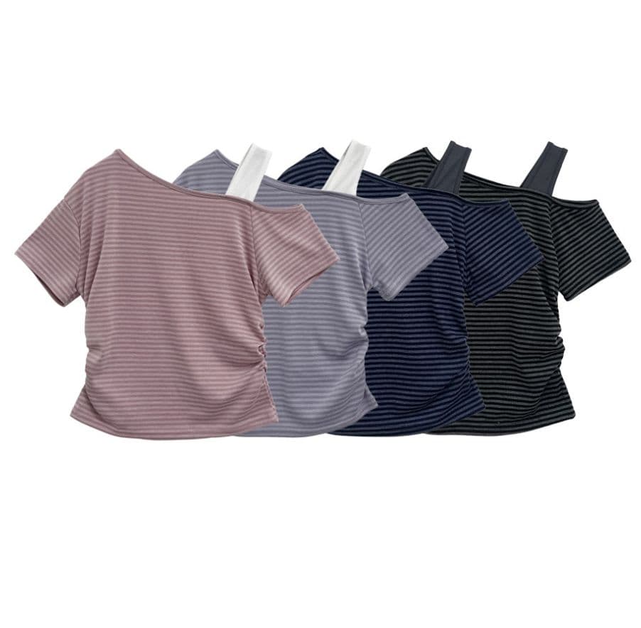 One-shoulder striped color-block short sleeve - 이미지 9