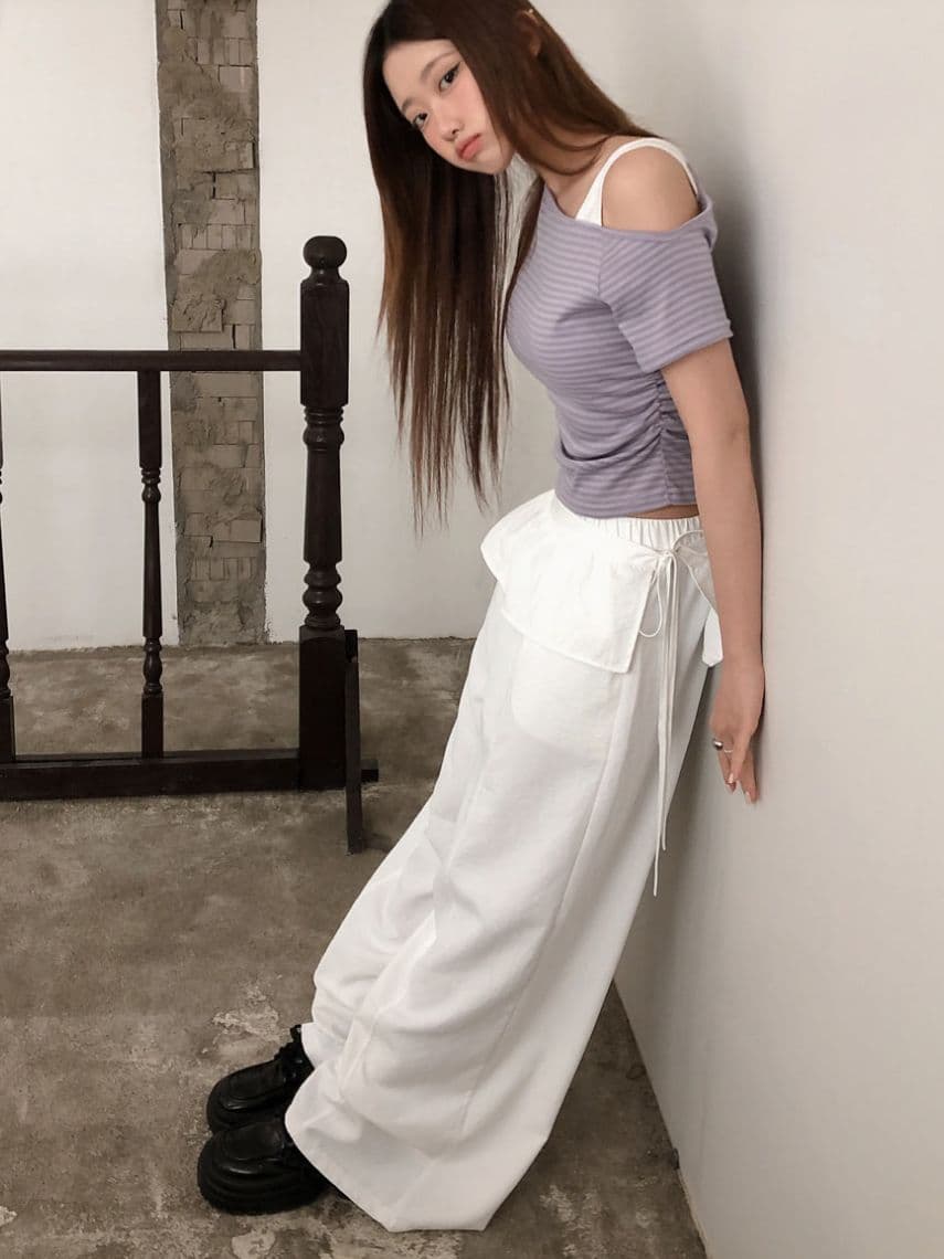 One-shoulder striped color-block short sleeve - 이미지 5