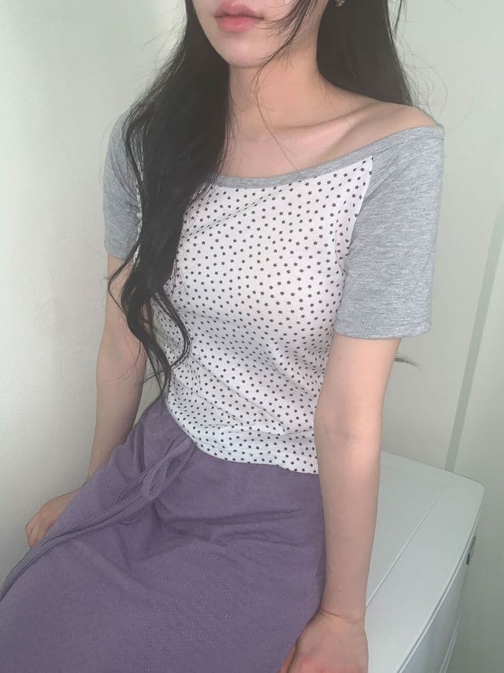 Star-block boat neck short sleeve - 이미지 3
