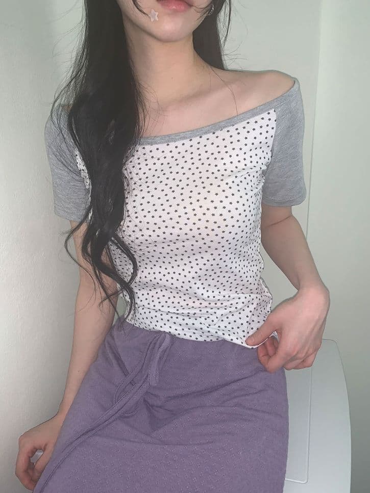 Star-block boat neck short sleeve - 이미지 2