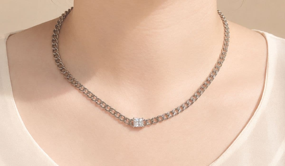 HN26 Square Cubic Surgical Steel Necklace - 이미지 6