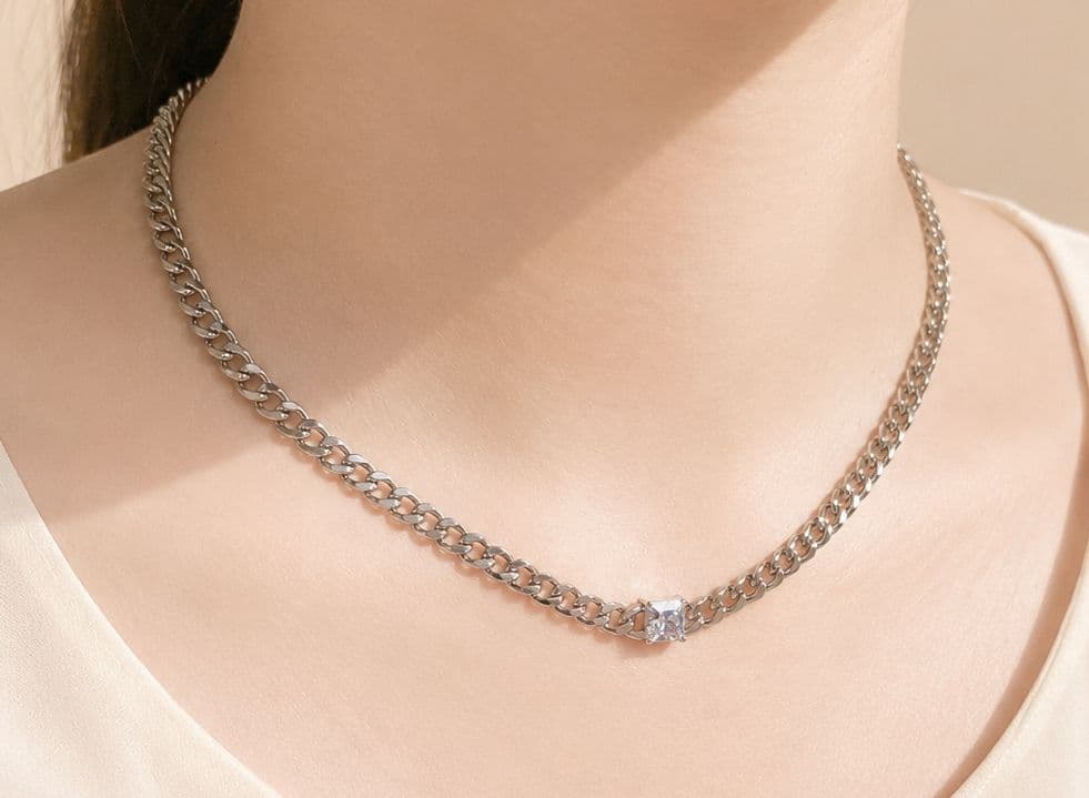 HN26 Square Cubic Surgical Steel Necklace - 이미지 11