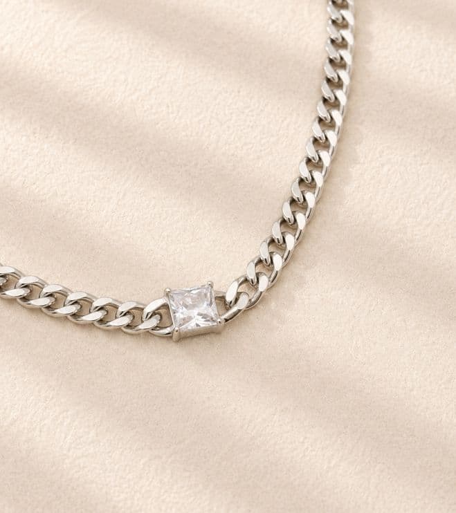 HN26 Square Cubic Surgical Steel Necklace - 이미지 7