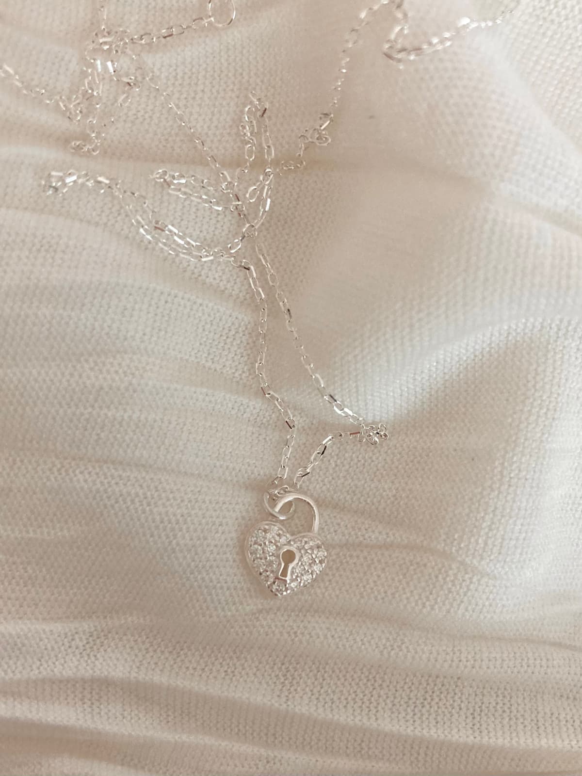 925 Silver Heart Key White Cubic Necklace - 이미지 1