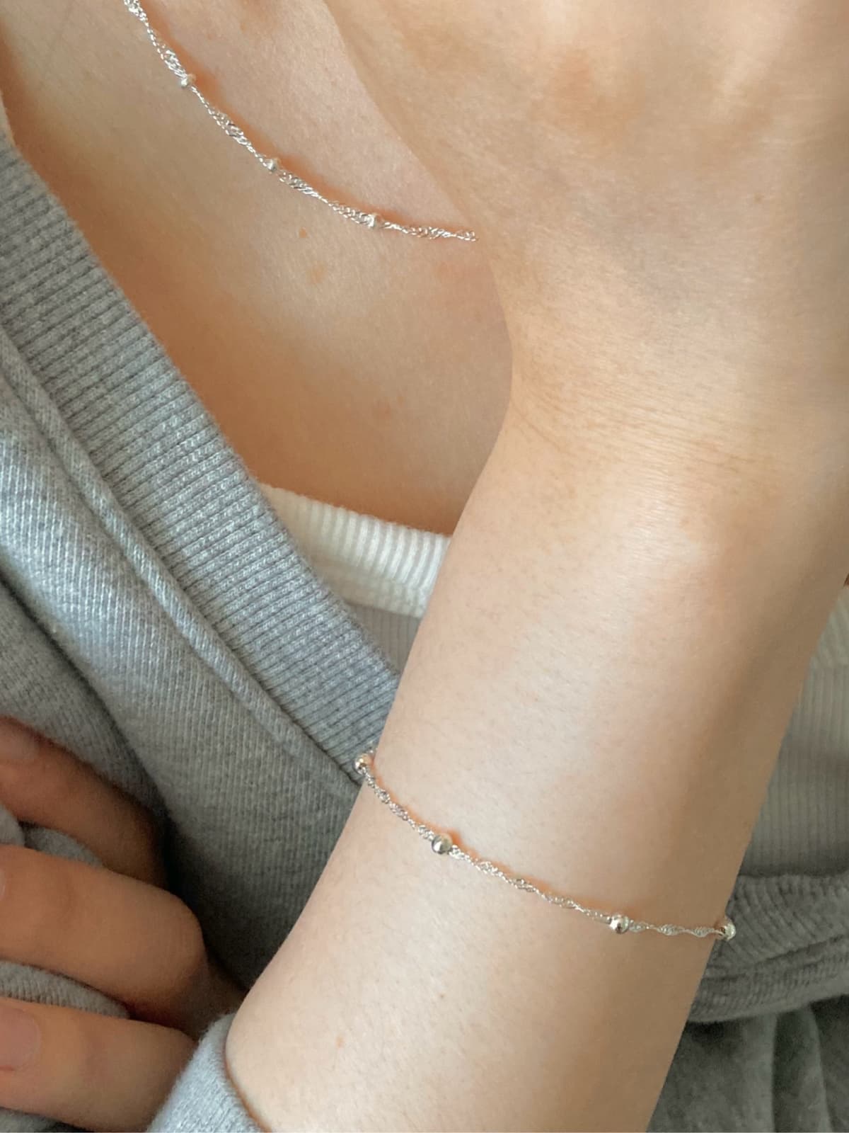 925 Silver Curved Chain Silver Ball Bracelet - 이미지 4