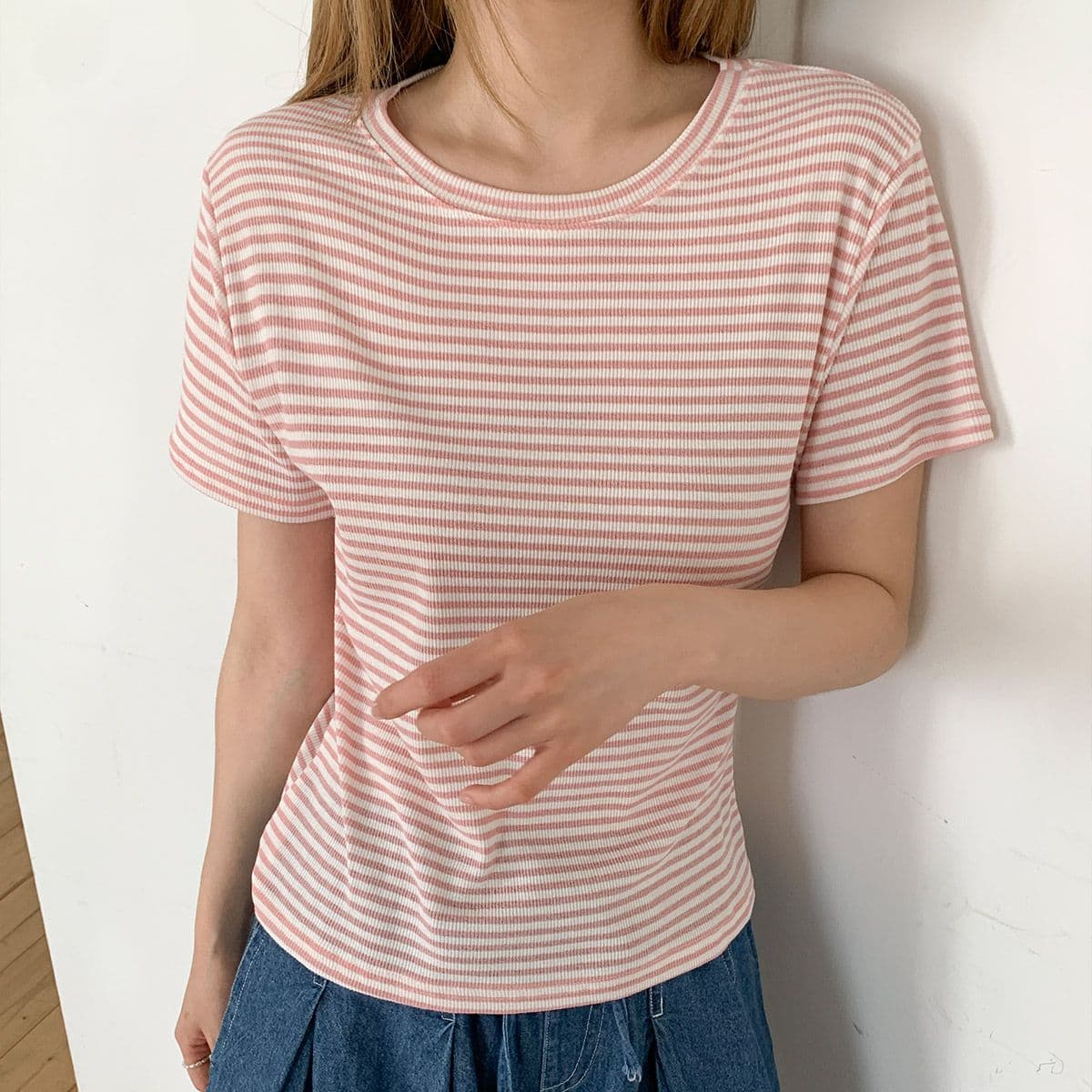 Cocktail Striped Tee (New Short Sleeve Tee, Stretch Basic Tee, Striped, Flowy, Cooling) - 이미지 1