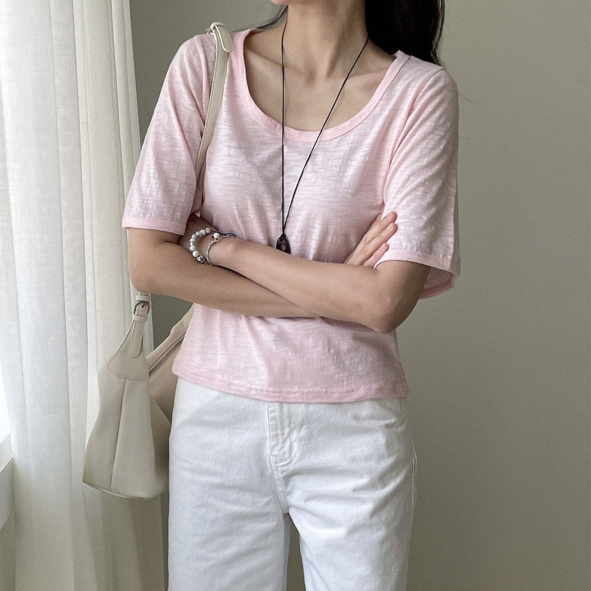 U-neck Big Sleeve T-shirt (New Summer Short Sleeve Drop Shoulder Basic T-shirt) - 이미지 2