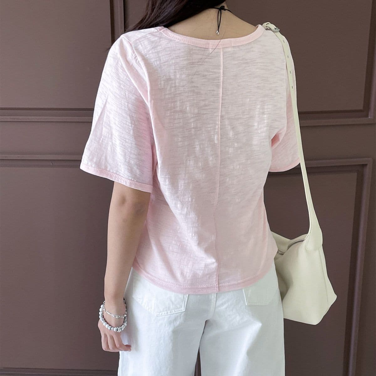 U-neck Big Sleeve T-shirt (New Summer Short Sleeve Drop Shoulder Basic T-shirt) - 이미지 4