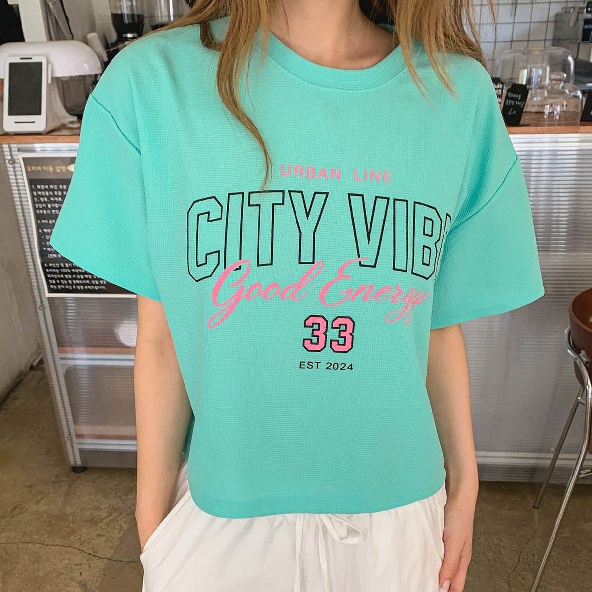 Waffle Print T-shirt (New Summer Short Sleeve T-shirt Crop Top Sporty Print T-shirt) - 이미지 4