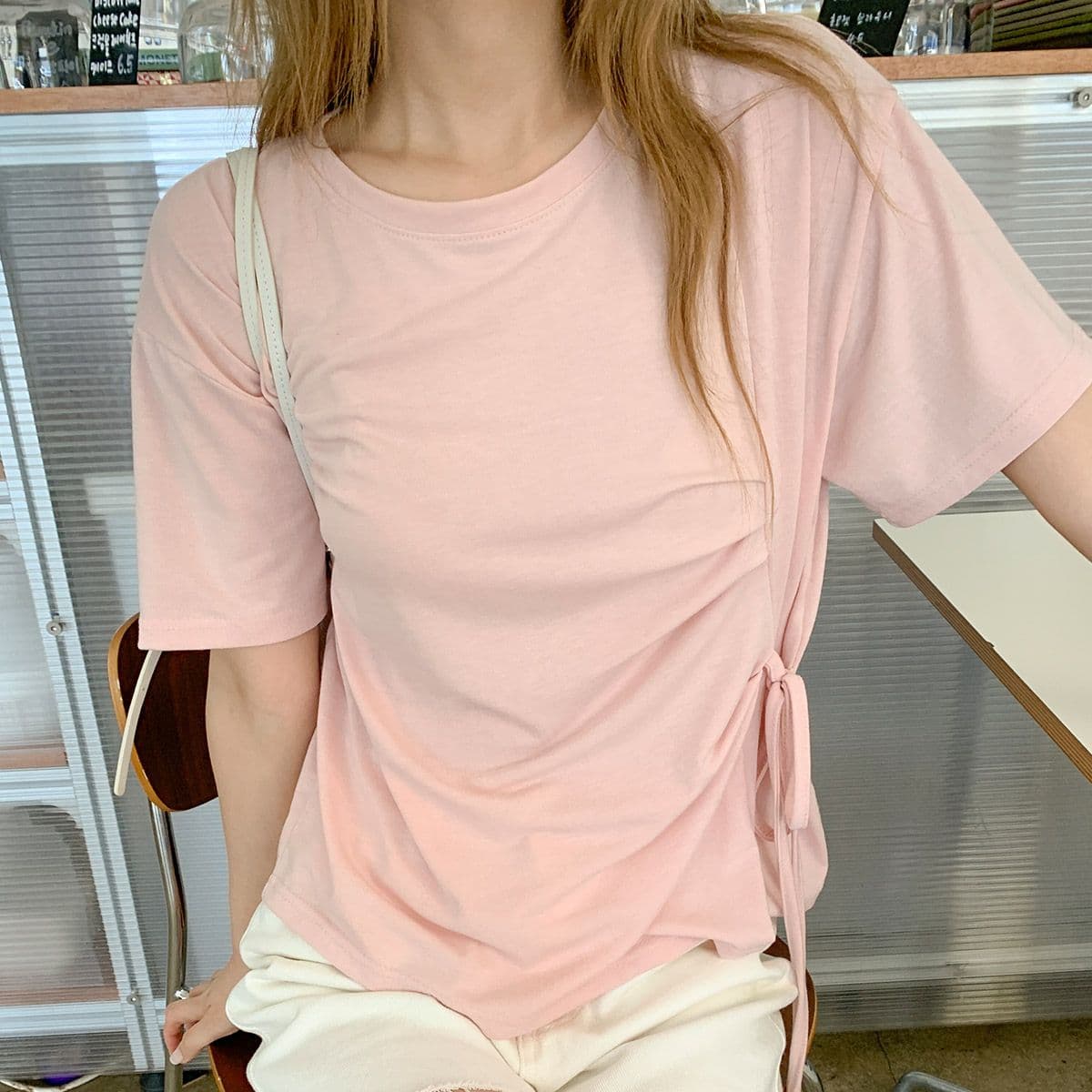 Ribbon T-shirt (New Short Sleeve T-shirt, Ribbon T-shirt, Side Pleated Flowy T-shirt) - 이미지 4