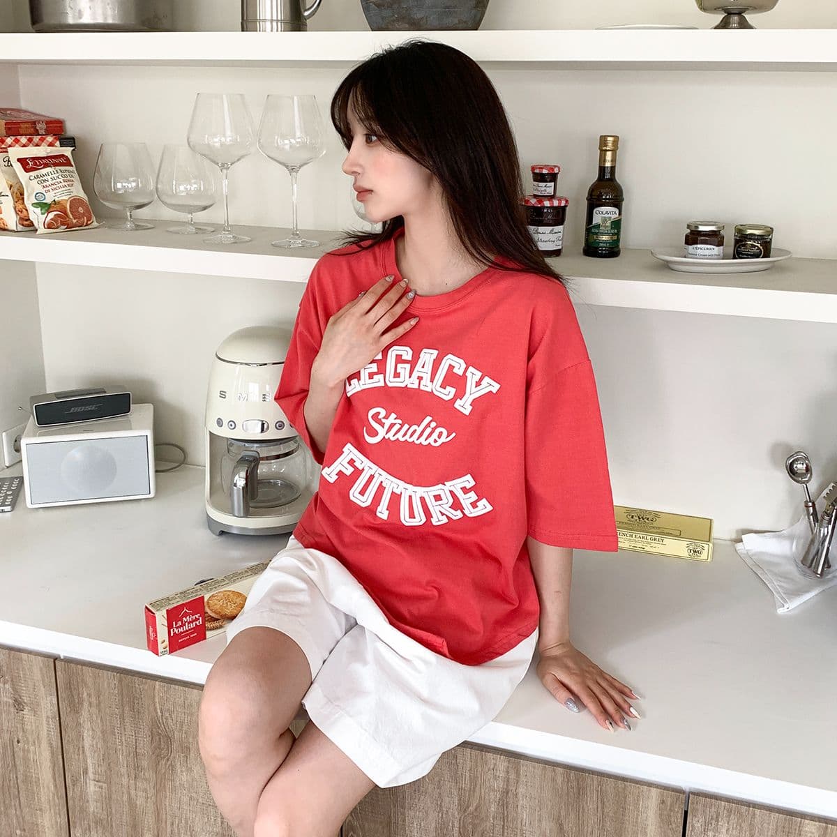 Asymmetrical Print T-shirt (New Summer Short Sleeve T-shirt Boxy T-shirt Lettering Cotton T-shirt Round Neck) - 이미지 2