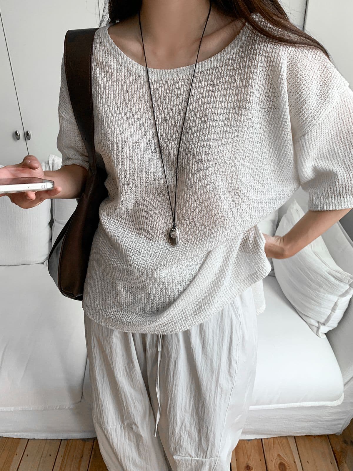 Long Tie Knit T-shirt (New Short Sleeve T-shirt, Summer Knit Fabric) - 이미지 1