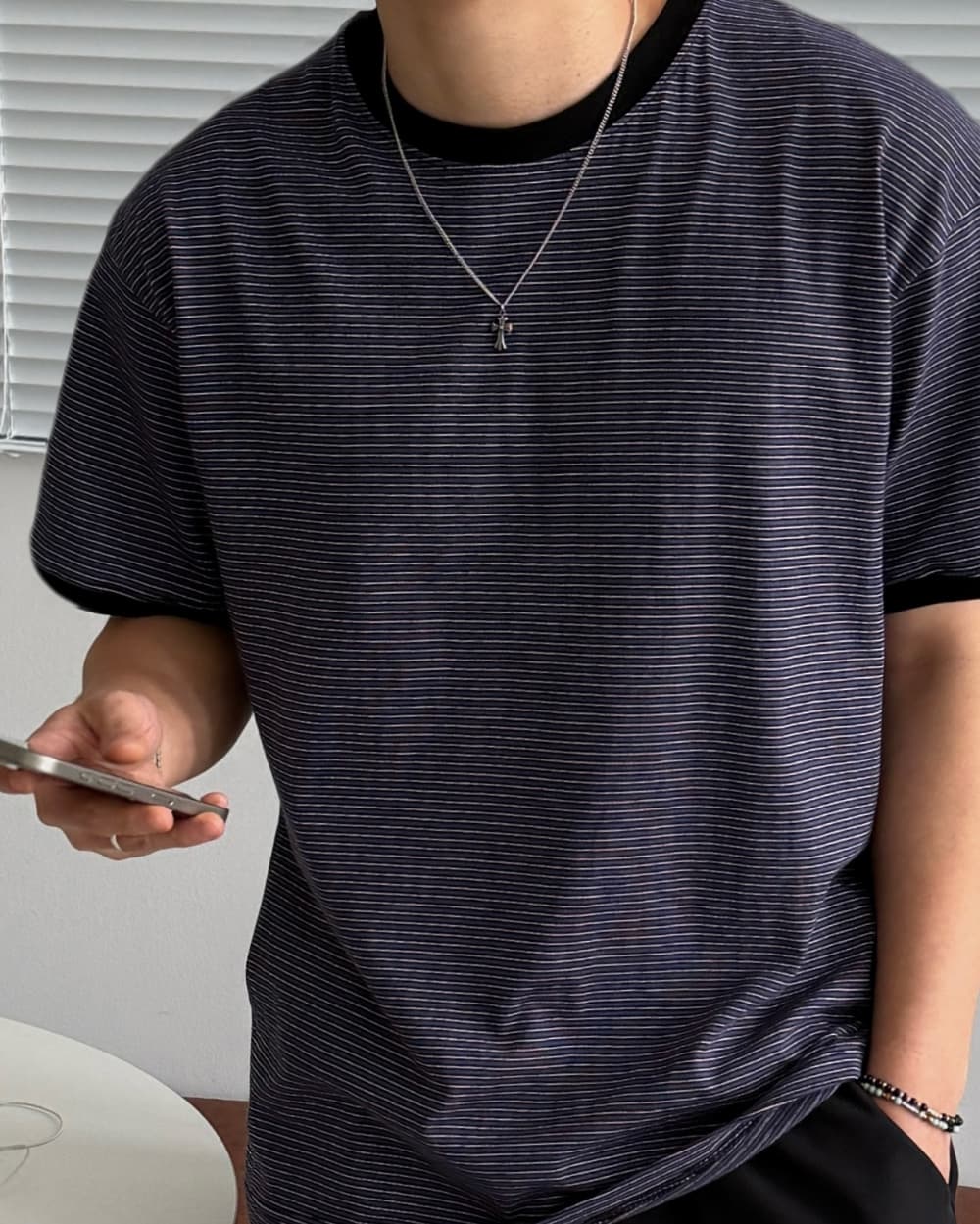 Fine Striped Ringer Tee - Striped Cotton Layered Tee Unisex Made in Korea - 이미지 8
