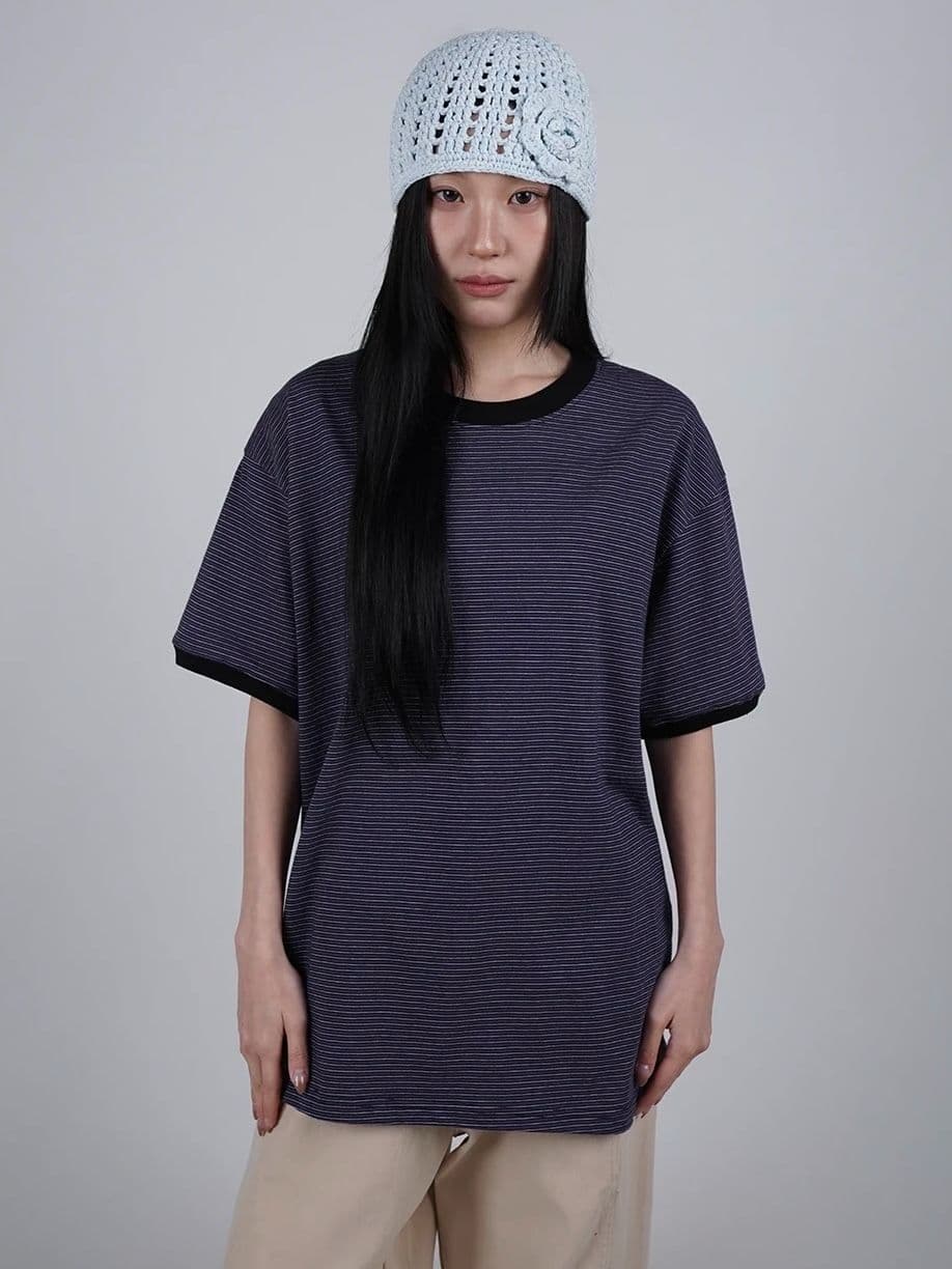 Fine Stripe Ringer Tee, Striped Short Sleeve Tee, Loose Fit, Made in Korea, New Layering Tee - 이미지 4