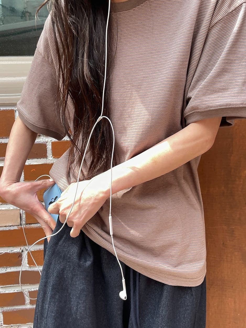 Fine Stripe Ringer Tee, Striped Short Sleeve Tee, Loose Fit, Made in Korea, New Layering Tee - 이미지 2