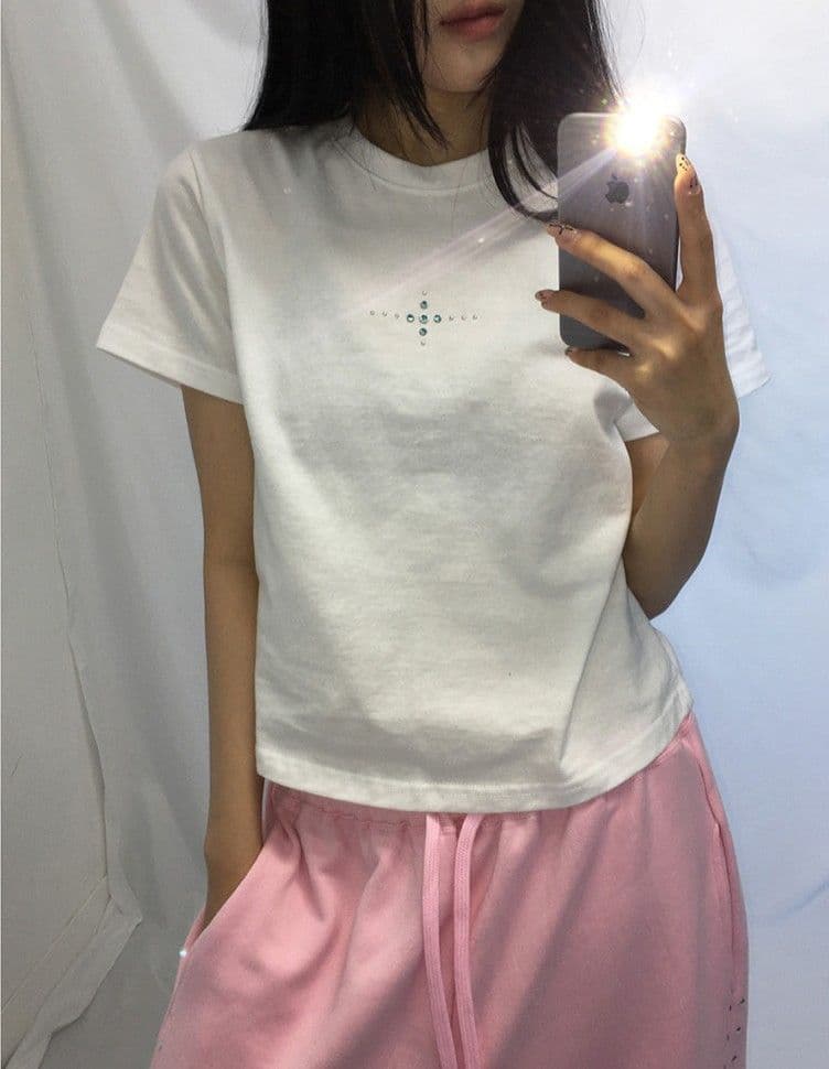 Feature) Cubic Cross Point Round Short Sleeve T-shirt, Made in Korea, Tumble Washed - 이미지 4