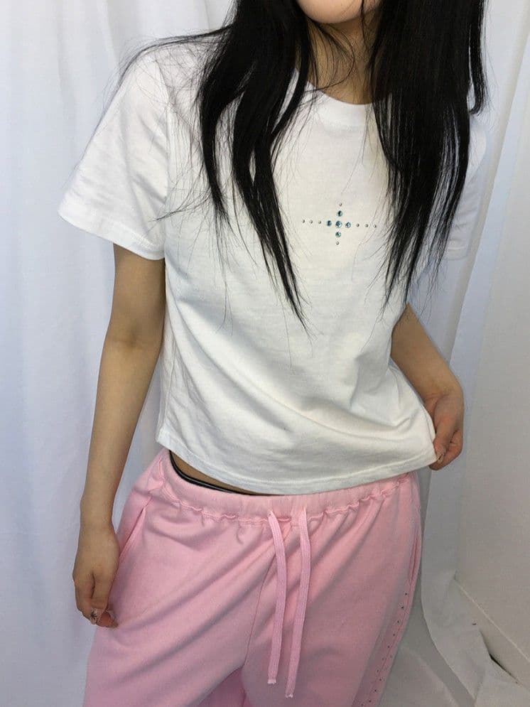 Feature) Cubic Cross Point Round Short Sleeve T-shirt, Made in Korea, Tumble Washed - 이미지 5