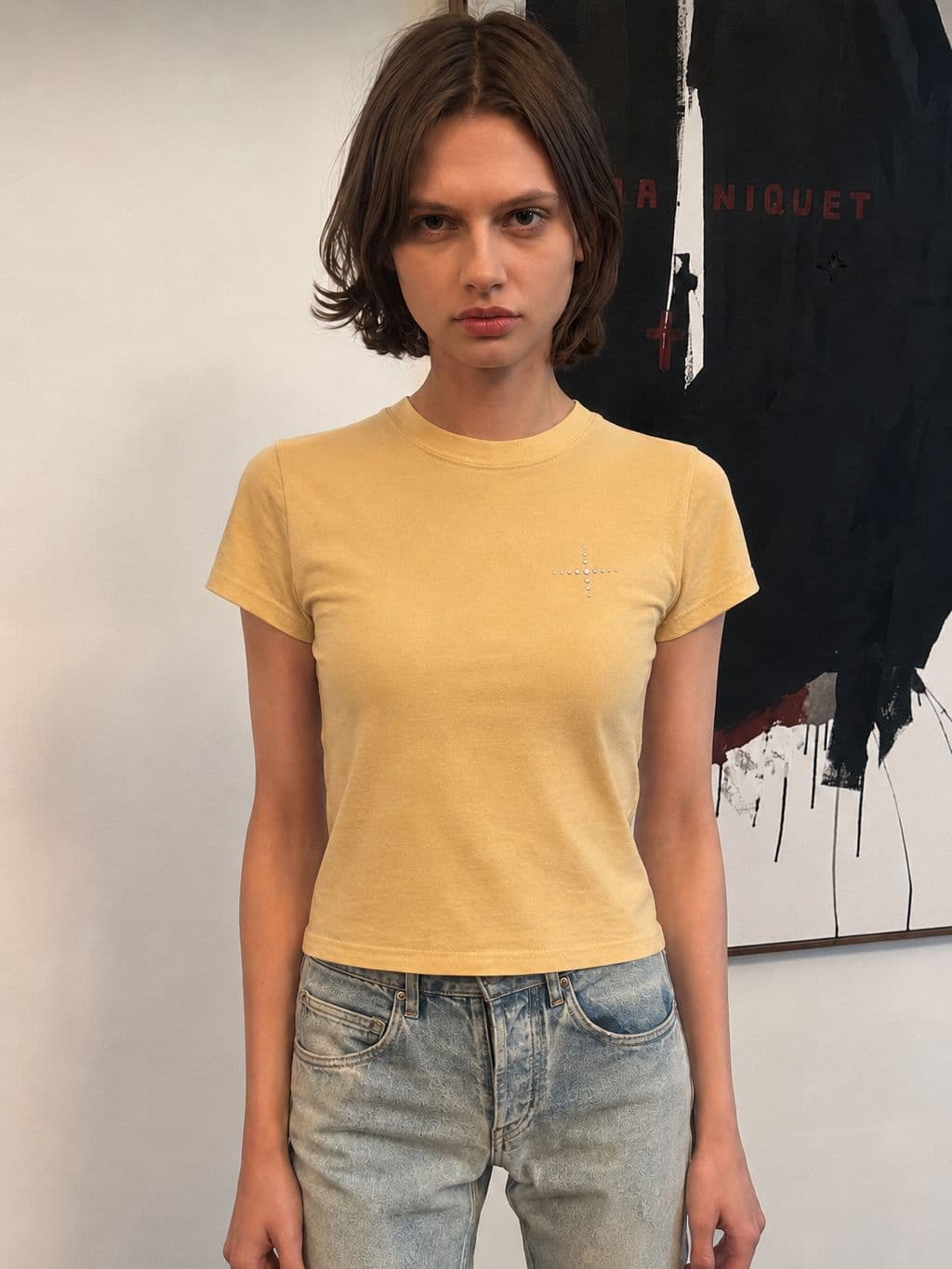 Ob Hotfix Short Sleeve Tee - Modal Semi-Crop Cotton Cubic Layered Mood New Arrival - 이미지 1