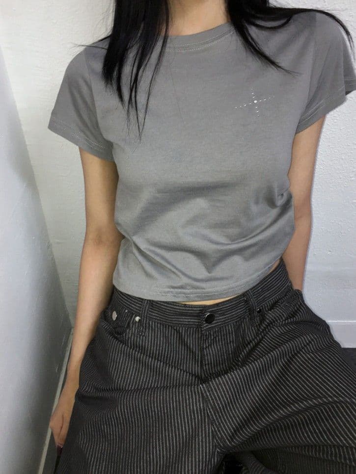 Orb Hotfix Short Sleeve T-shirt - Modal Semi-Crop Cotton Cubic Spandex Sleeveless New Arrival - 이미지 3