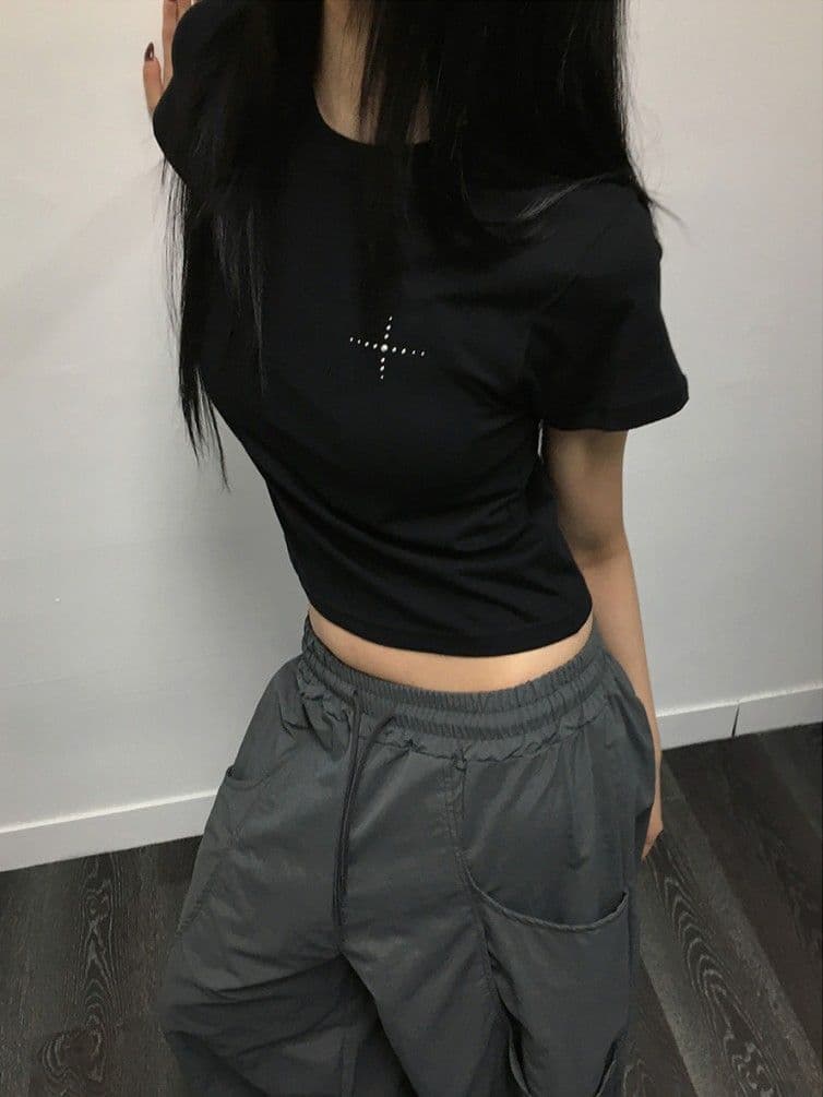 Orb Hotfix Short Sleeve T-shirt - Modal Semi-Crop Cotton Cubic Spandex Sleeveless New Arrival - 이미지 5