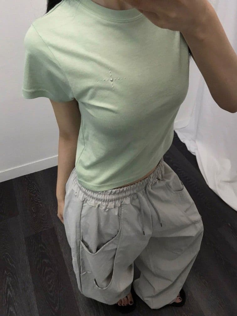 Orb Hotfix Short Sleeve T-shirt - Modal Semi-Crop Cotton Cubic Spandex Sleeveless New Arrival - 이미지 8