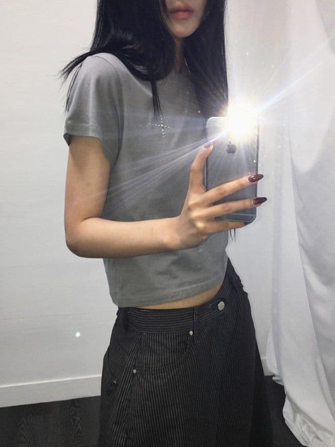 Orb Hotfix Short Sleeve T-shirt - Modal Semi-Crop Cotton Cubic Spandex Sleeveless New Arrival - 이미지 4