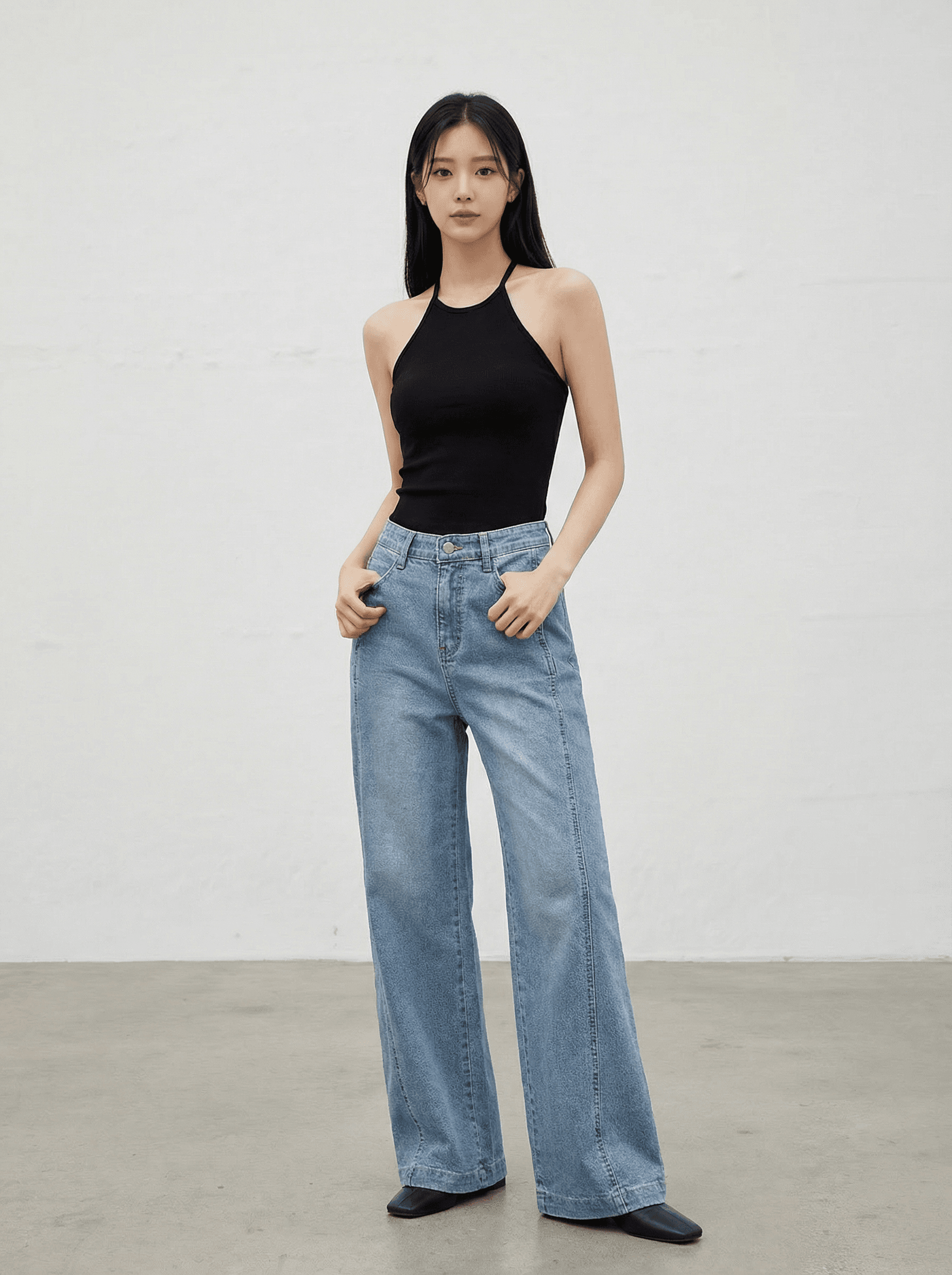 Backless four-way stretch stretch cut maxi-wide stretch denim jeans - 이미지 2