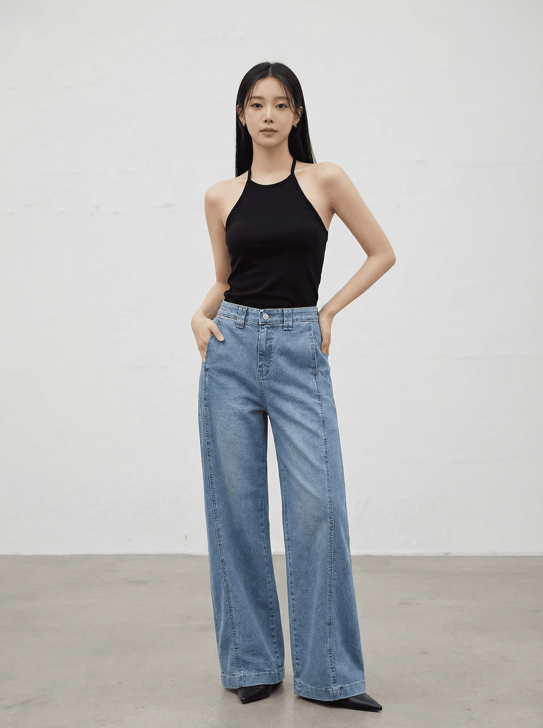 Backless four-way stretch stretch cut maxi-wide stretch denim jeans - 이미지 1
