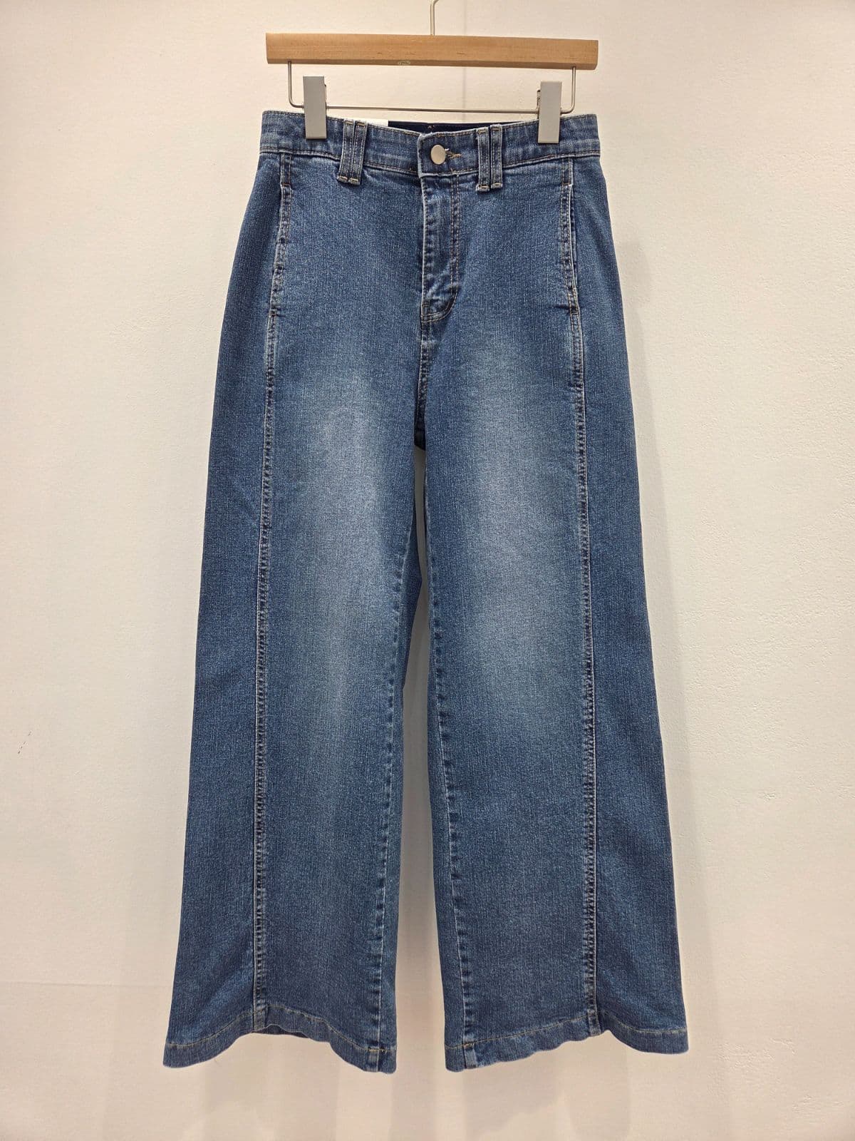 Dark blue denim jeans with elastic waistband, inner band, four-way stretch, elastic wide-leg pants, cut-out wide, spandex, denim jeans - 이미지 6