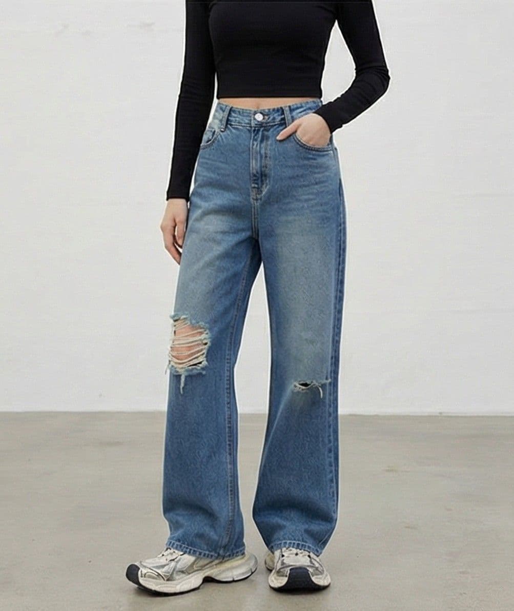 New straight-fit jeans, denim wide-leg pants, trousers, vintage, Y2K summer pants, secondhand - 이미지 1
