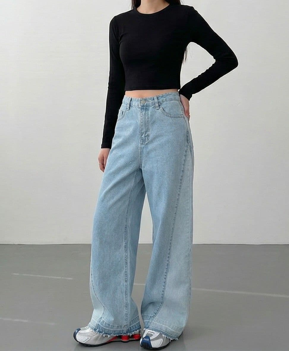 Jeans, denim, light wash, wide-leg pants, color-block pants, cut-out denim, color-block denim, wide-leg pants - 이미지 7