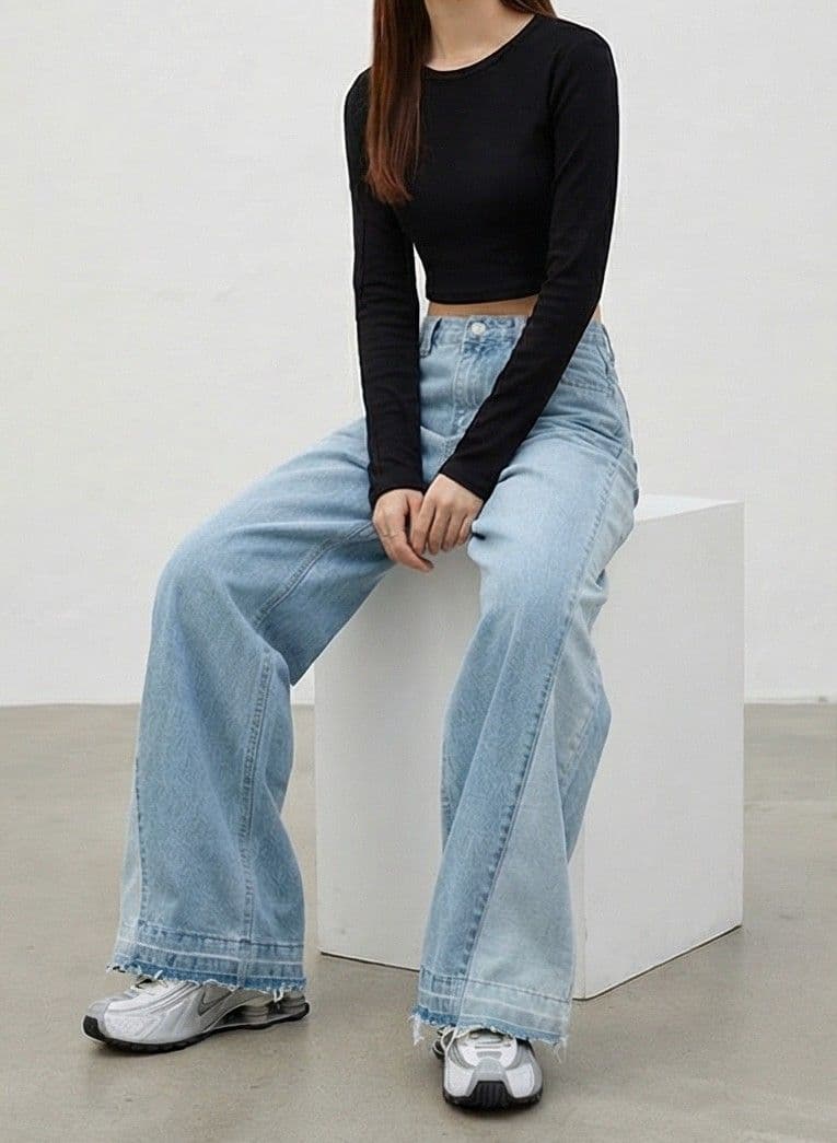 Jeans, denim, light wash, wide-leg pants, color-block pants, cut-out denim, color-block denim, wide-leg pants - 이미지 1