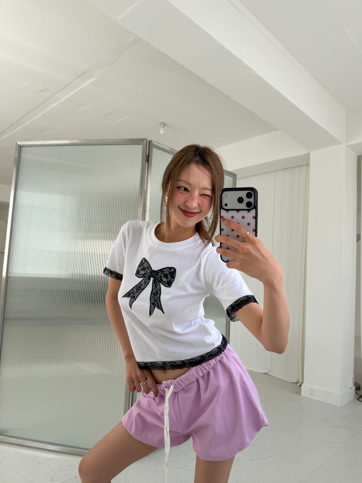Ribbon short-sleeve T-shirt - 이미지 1