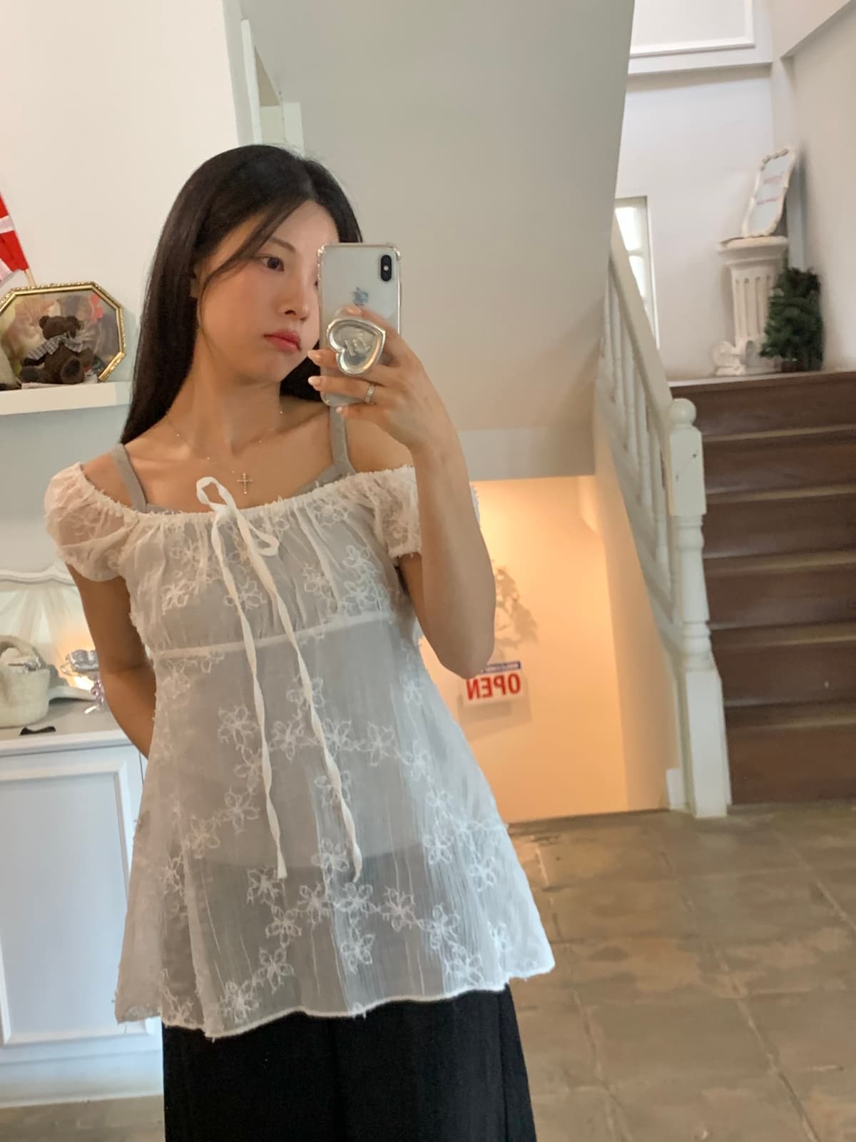 Flower Jacquard Blouse ( New Summer Embroidered Lace Puff Dress Delicate Look Layered Lovely Blouse - 이미지 3