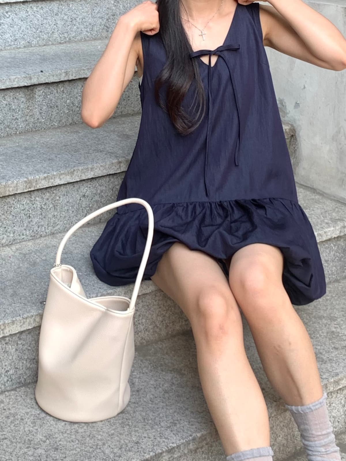 Balloon Mini Sleeveless Dress ( New Summer Sleeveless Ribbon V-Neck Delicate Fit Dress - 이미지 20