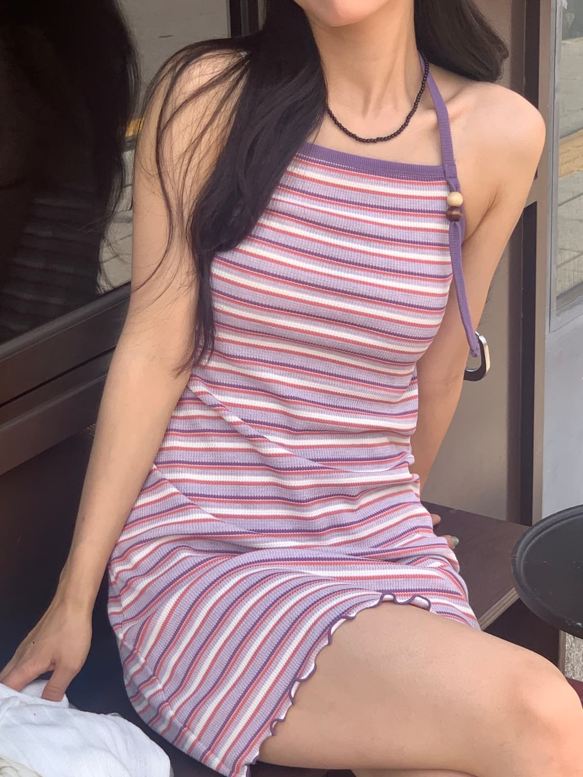 Ethnic Striped Halter Neck Ribbed Slim Sleeveless Strappy Mini Dress - 이미지 16
