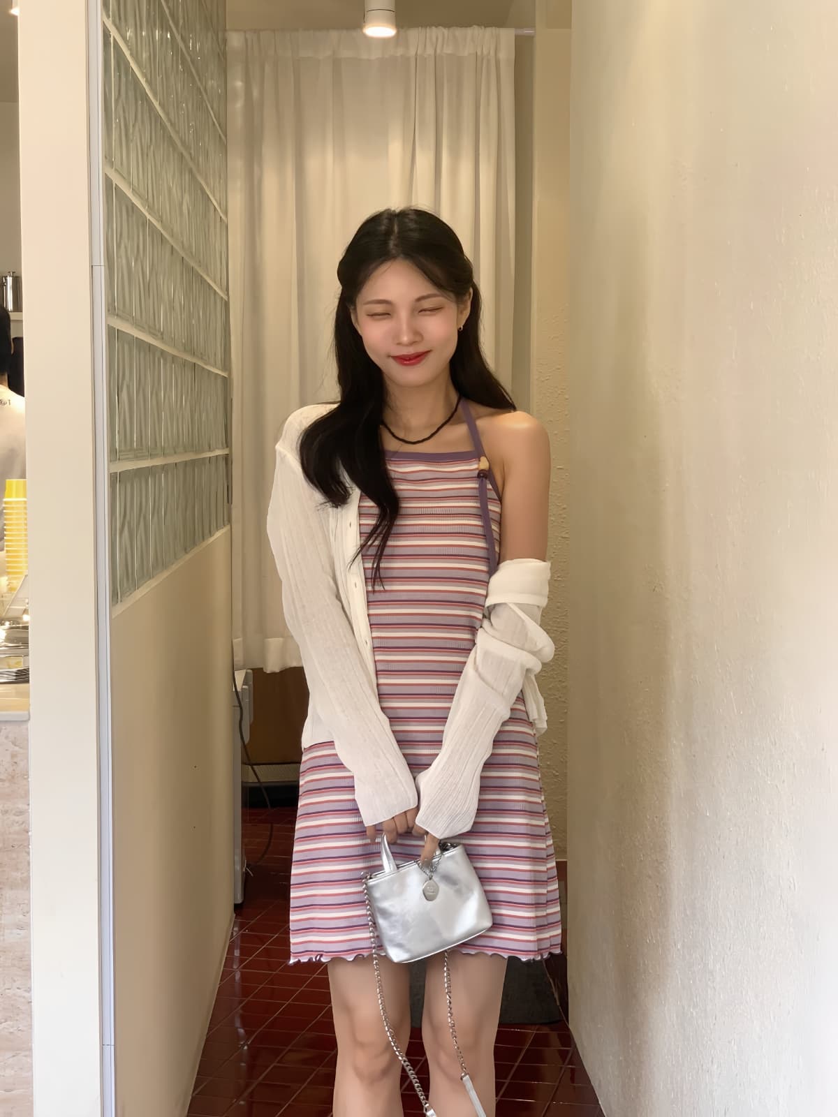 Ethnic Striped Halter Neck Ribbed Slim Sleeveless Strappy Mini Dress - 이미지 10