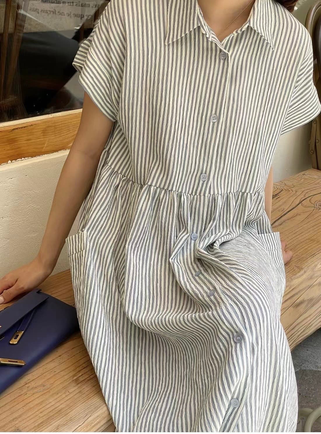 Striped shirt collar short-sleeve long dress - 이미지 9