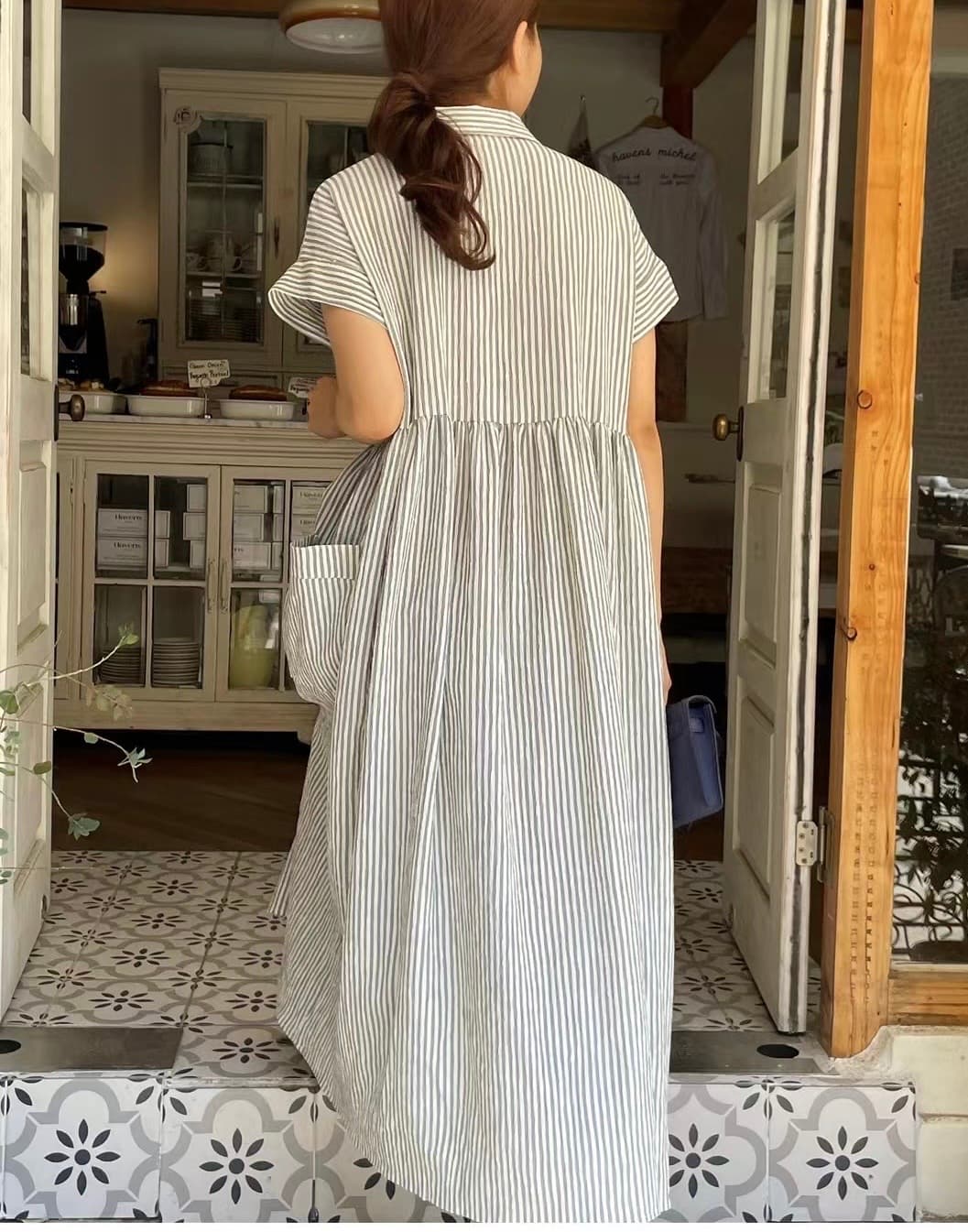 Striped shirt collar short-sleeve long dress - 이미지 10