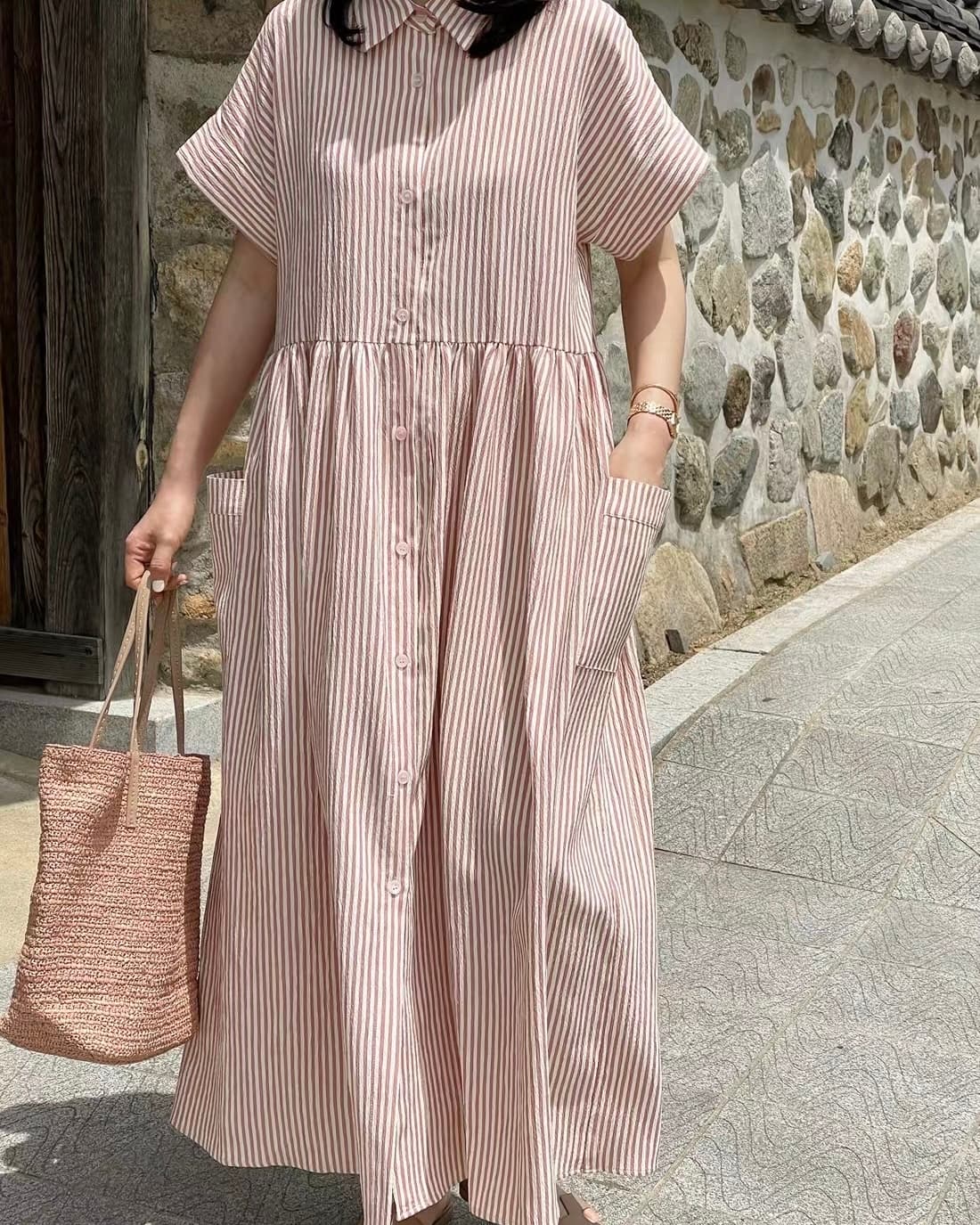 Striped shirt collar short-sleeve long dress - 이미지 1