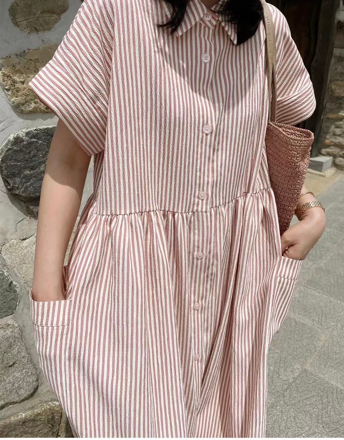 Striped shirt collar short-sleeve long dress - 이미지 5
