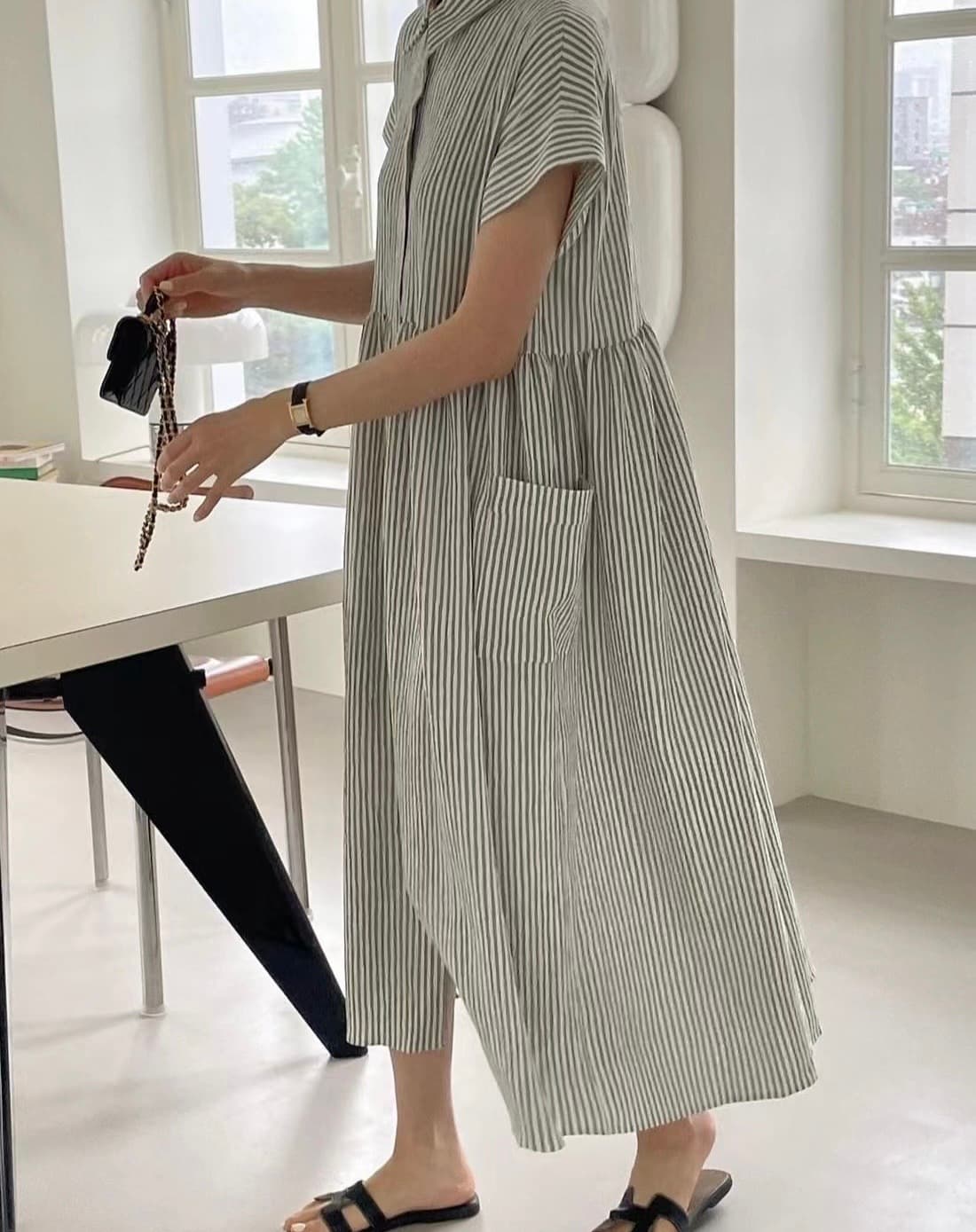 Striped shirt collar short-sleeve long dress - 이미지 13